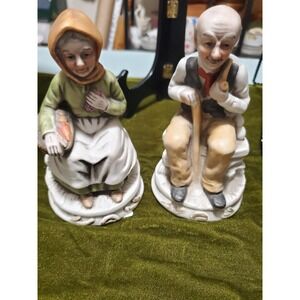 Vintage Elderly Couple Figurines, Grandparent Sitting Porcelain Statues